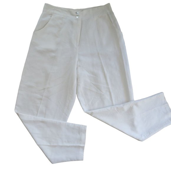 Vintage 80s High Waist White Linen Pants S Pockets Button Zip Tapered Leg USA - Picture 1 of 9